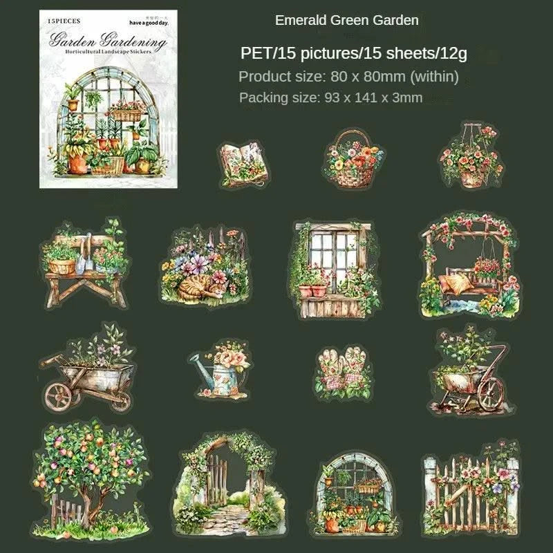 15Pcs stickers pack Garden Flower Workshop Garden Scenery Handbook Supplies Decorative Stickers Diary Scrapbook 141*93mm