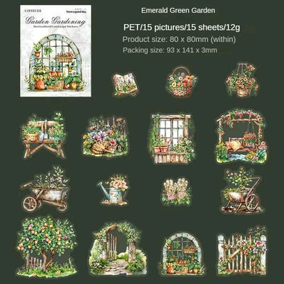 15Pcs stickers pack Garden Flower Workshop Garden Scenery Handbook Supplies Decorative Stickers Diary Scrapbook 141*93mm