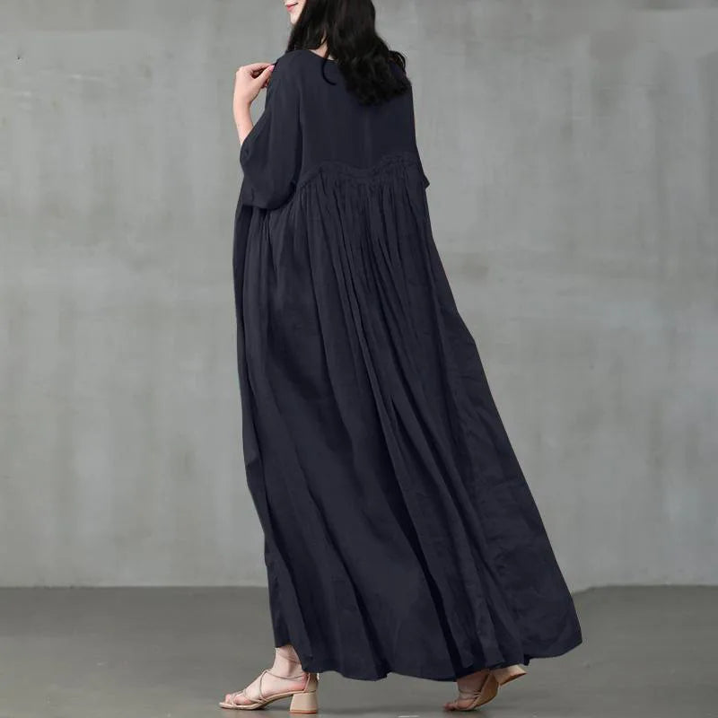 Summer Dresses Women 2023 Casual Fashion Solid Color Round Neck Pleated Cotton Linen Long Dress Elegant Dresses for Women Robe