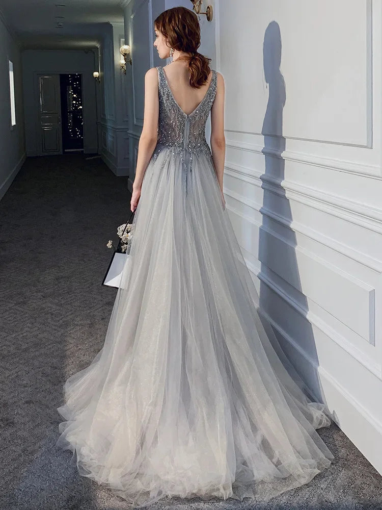 Women's Evening Dresses Sexy V-neck Luxury Formal Party Gown Backless Beads Sequins Tulle Side Split Banquet Evening Dress