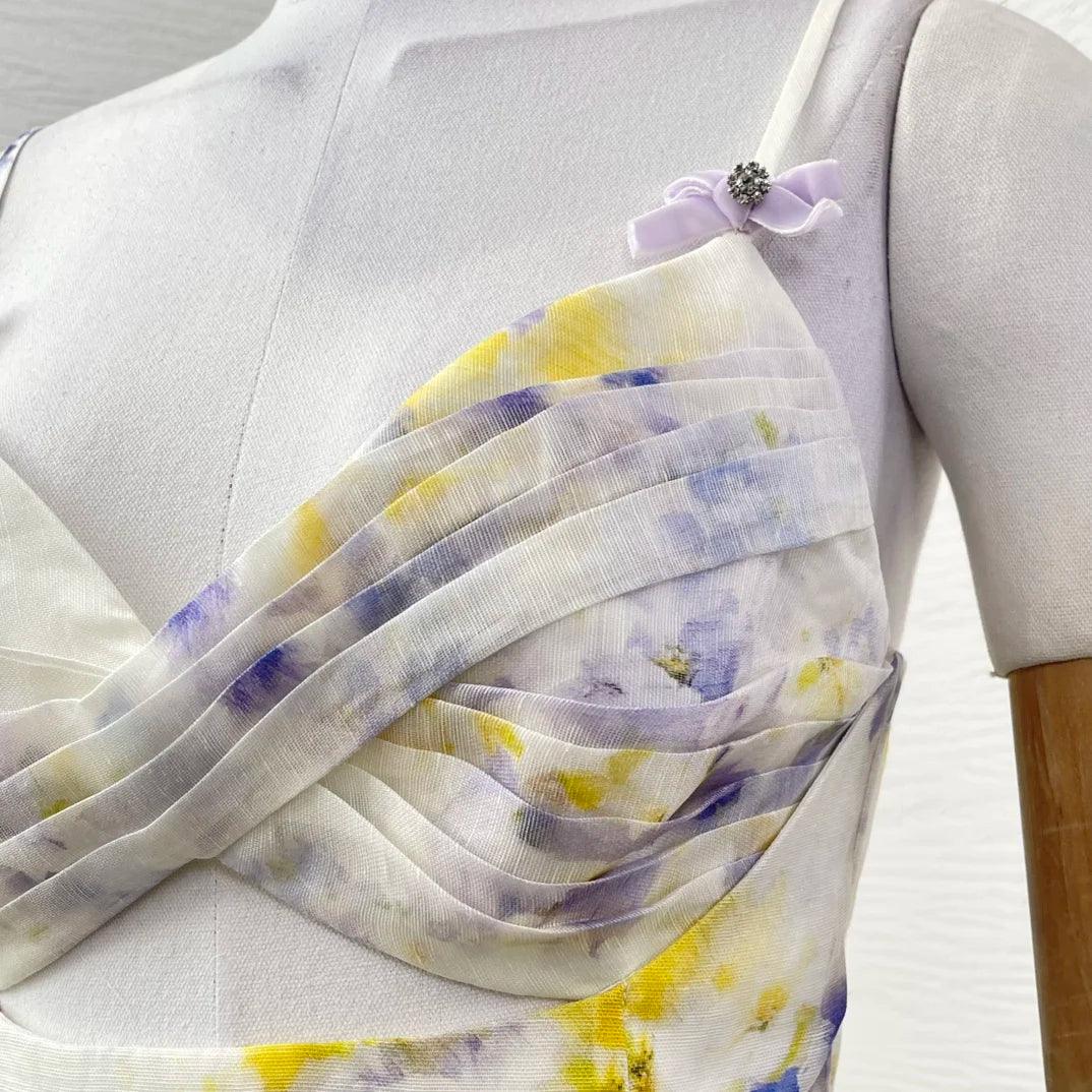 Overlap Pleats 2025 New Floral Print Linen Silk High Quality Spring Summer Sleeveless Shirred Strapless Women Midi Dress