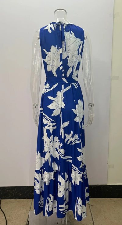 2025 Women's Elegant Floral Print Long Dresses Spring Summer Lace up Print Strap Dress Holiday Beach Female Robe Vesido Mujer