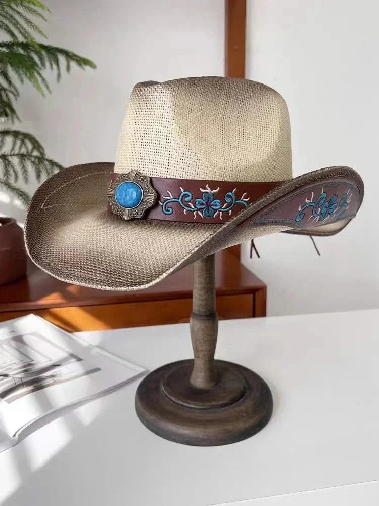 New Lake Blue Western Cowboy Straw Hat 2024 Spring and Summer New Outdoor Sun Hat Men's and Women's Cowboy Hat gorras