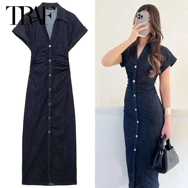 TRAF Women's Dresses Elegant Blue Long Dresses Summer 2025 Midi Sexy Resort Dress Vestido Ruffled Corset Button Up Woman Dresses