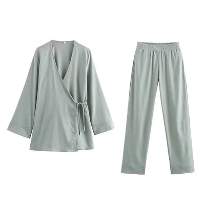 TFMLN Fashion Linen 2 Pieces Women 2024 Spring Summer Kimono Style Loose Lace Up Shirts Tops Women's Wide Leg Pants Sets