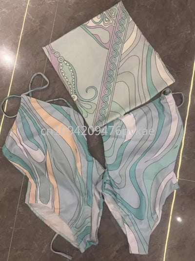 Luxury Design Women's Blue Scarf Swimsuit Designer Brand Lady Beach Swimswear