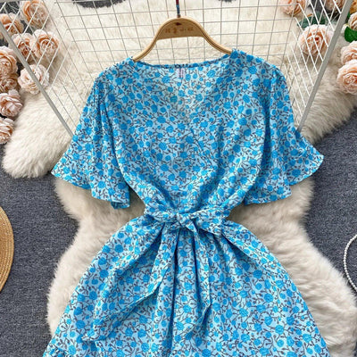 French Chic Dress Beach Style Floral Print Dresses Female V-Neck New Summer Ruffles A-Line Vestidos Women Clothes