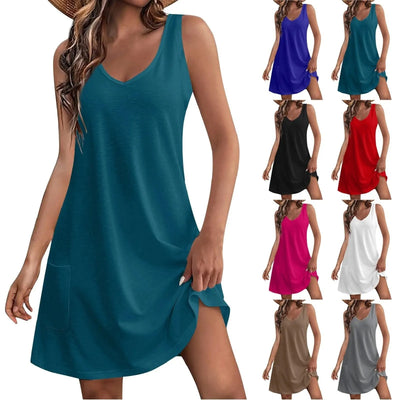 Womens Summer Dresses Plain Loose V Neck Sleeveless Sundresses Swimsuit Coverup With Pockets Vestidos Para Mujer платье женское
