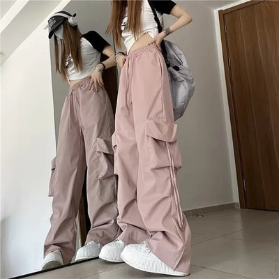 Women Cargo Pants High Waist Big Pocket Drawstring Trousers Vintage Streetwear Fashion Baggy Pants Female Casual Loose Sweatpant