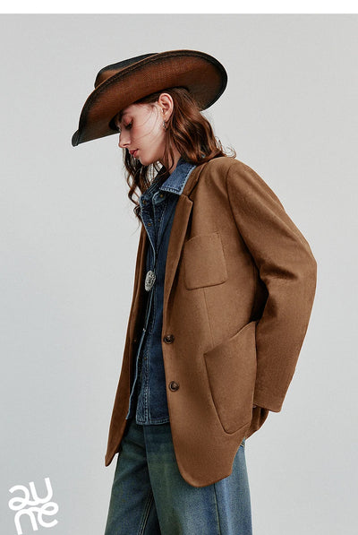 TOYOUTH Women Blazer 2025 Autumn New Barn Style Retro Brown Suede Lightweight Lapel Collar Single Breasted Button Suit Coat