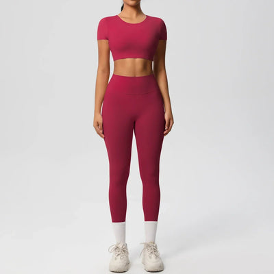 Yoga Set 2 Pieces Women Tracksuits Workout Sportswear Gym Clothing Fitness Short Sleeve With Padded High Waist Leggings Suits