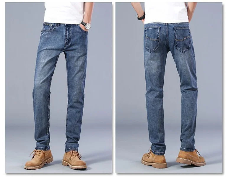 Mens Denim Pants Spring Casual Business Straight Fit Loose Elasticated Jeans Stylish Comfortable Pants for Work and Daily Wear