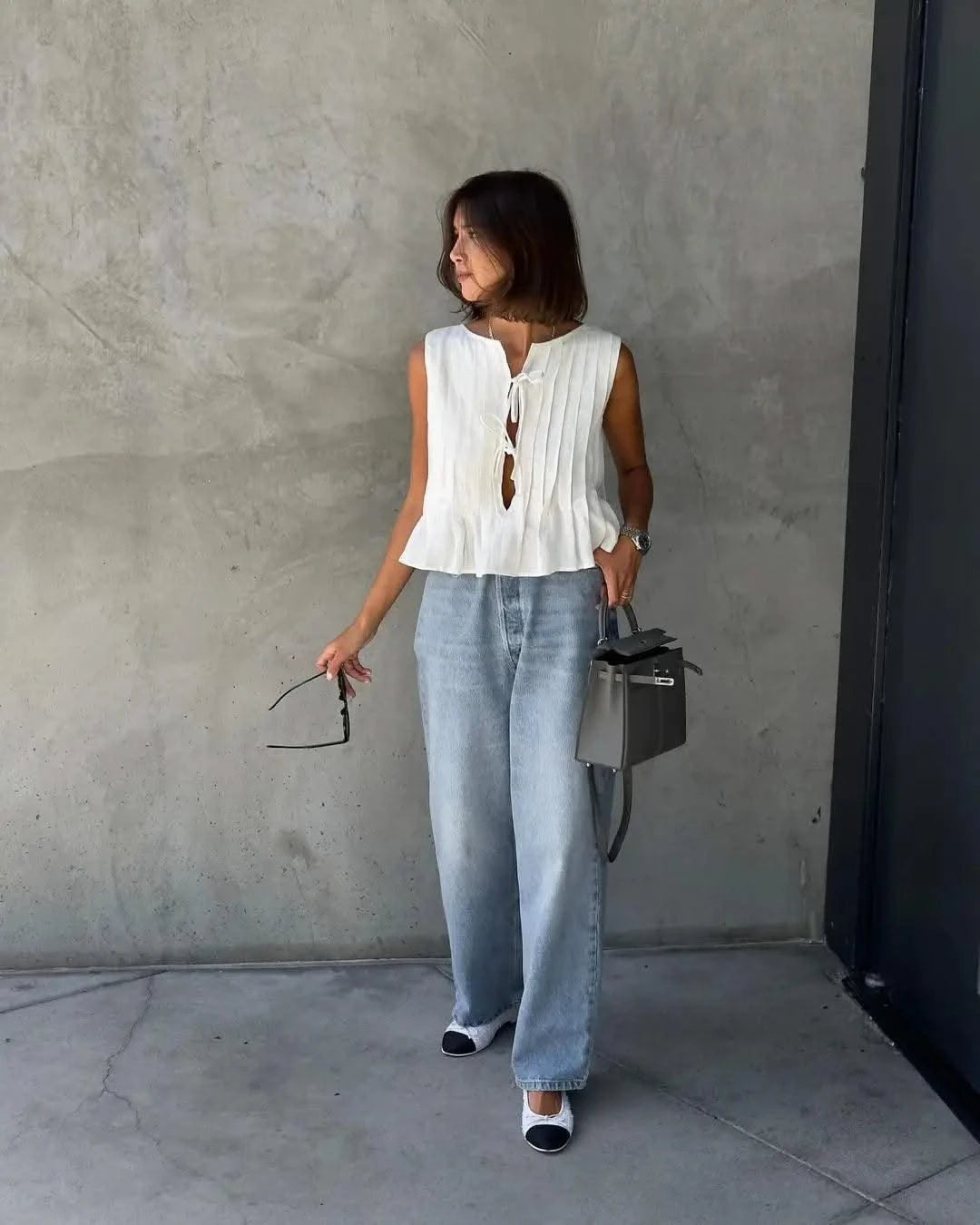Linen Cotton Pleated Lace-up Elegant White Women Tops Tanks 2025 Summer Women Causal O-neck Sleeveless Ruffles Vest Streetwear