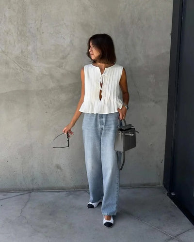Linen Cotton Pleated Lace-up Elegant White Women Tops Tanks 2025 Summer Women Causal O-neck Sleeveless Ruffles Vest Streetwear