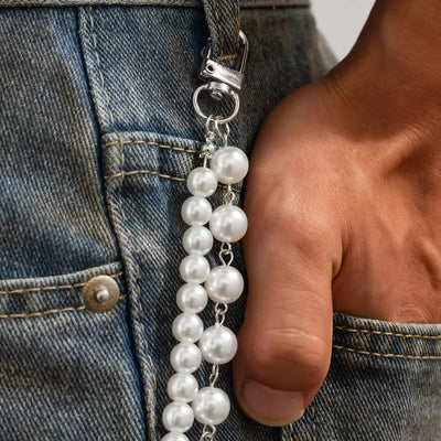 IngeSight.Z Men Hip Hop Multilayer Imitation Pearl Jeans Pants Keychain Chain Women Trousers Hipster Pant Chain Party Decoration