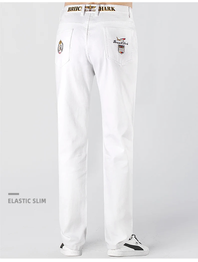 2024 New Summer White Jeans for Men Bruce&Shark  Designer Luxury Men's Jeans Loose Fit Stretch Cotton Casual Fashion Big Size 42