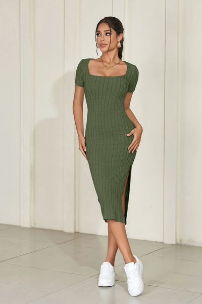 Summer Dresses for Women square neck hip-covering mid-length skirt short-sleeved versatile knitted slit dress
