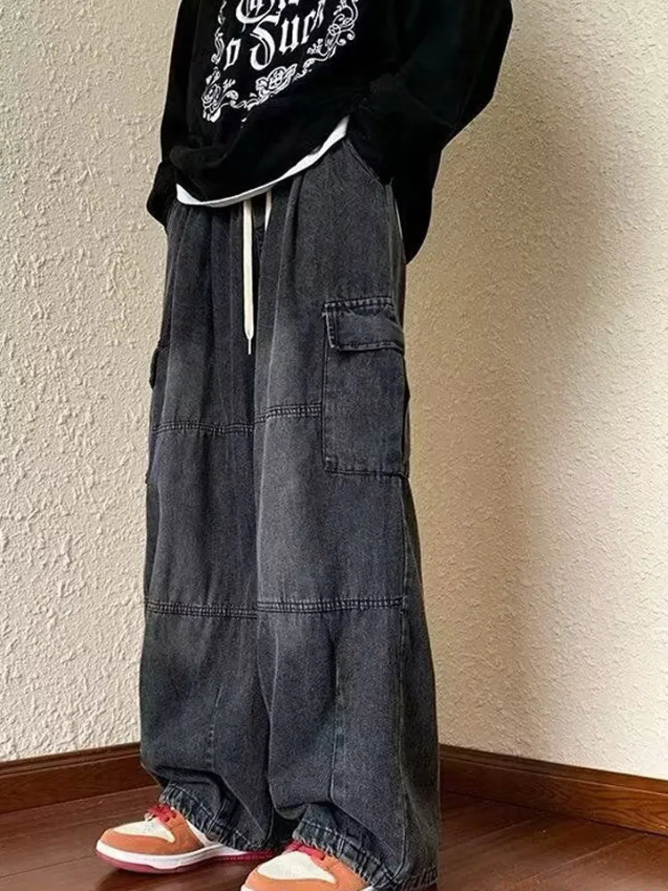 Denim Trousers For Men Adjustable Drawstring Y2k Versatile Baggy Cargo Jeans Men's Hippie Jogging Wide leg Pants Male Streetwear
