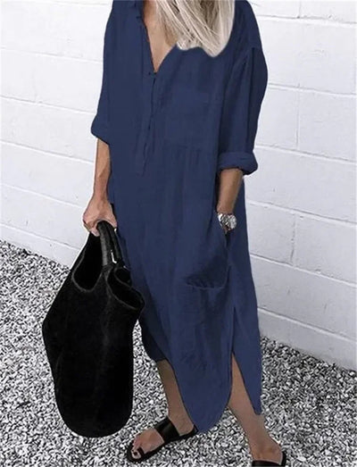 Women's Cotton Linen Shirt Dresses Loose Long Sleeve Turn-Down Collar Pullover Solid Dresse Casual Holiday Beach Party Sundress