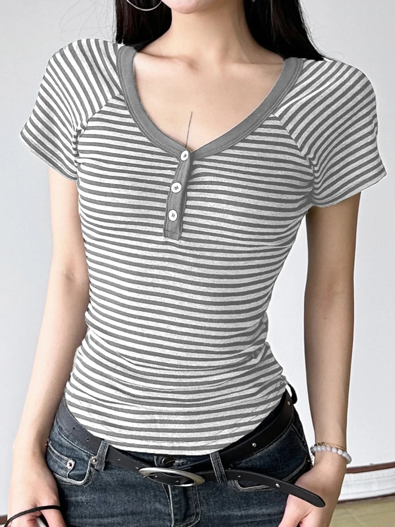 Korean Style Stripe Patchwork Women T-Shirts Short Sleeves Slim Fit Simple Causal Office Lady Clothing