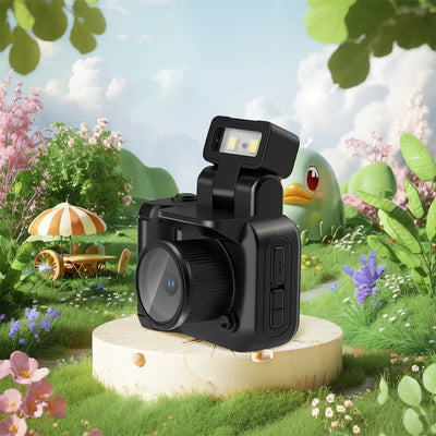 Mini cameras with high-definition displays, retro cameras with flashes and battery stands, digital cameras, and small cameras