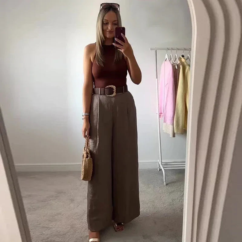 TRAF Women's Pants High Waist Wide Leg Pants with Belt Satin Long Trousers Pockets Casual Baggy Pants Summer Elegant Lady Pants
