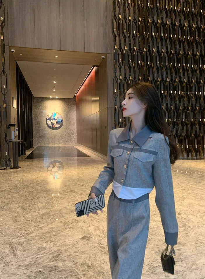 Trousers Woman Office Grey Wear To Work Top and Pant Sets for Women 2 Pieces Professional Spring Autumn Korean Style Luxury Full