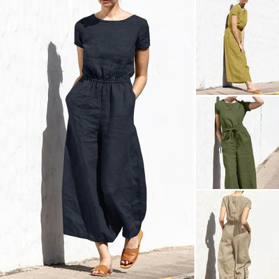 2025 Summer Short Sleeve Rompers Casual Loose Tighten Waist Solid Work Long Playsuit Elegant Women Jumpsuits Retro Overalls