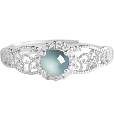 Light luxury Natural A-grade Jade Blue Water Ring Ice Jadeite Fashionable S925 Silver Inlaid Women's Jewelry Adjustable