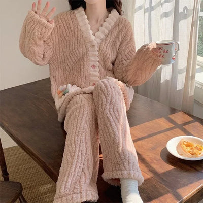 Thickened Warm Flannel Women Sleepwear Loungewear Cardigan Suit Winter Sweet Kawaii Soft Fairy Wind Ladies Pajamas Homewear
