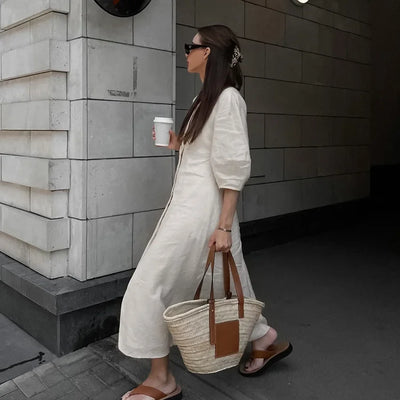 Retro Cotton Linen Women'S Summer Dress Sexy V-Neck Puff Sleeve Long Maxi Birthday Graduation Dresses Beach Sundress Robe Femmes