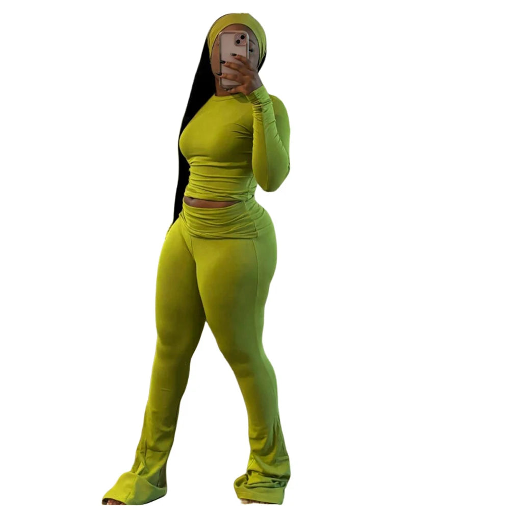 2 Two Piece Lounge Wear for Women 2024 Loungewear With Headband Yoga Outfit Long Sleeve Tops and Flare Pants Sets Tracksuit