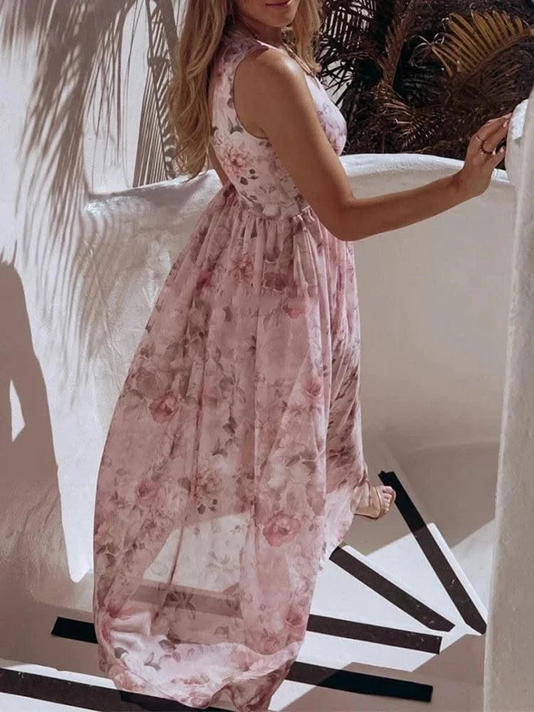 Summer Women Dress Floral Print Fashion Slim V-Neck Tie-Up Backless Chiffon Sexy Sleeveless Slit Maxi Cover-Ups Robe Beach Dress