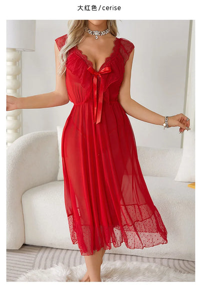 Women's Sexy Lingerie Nightgown Semi Sheer Babydoll Sleepwear Dress With Polka Dots Bow Knot Decor Summer Mesh V-Neck Loungewear