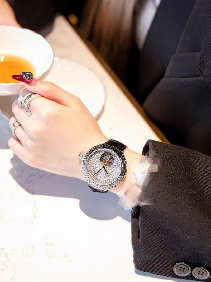 Ladies Fashion Mechanical Watch Designer New Elegant Luxury Diamonds Genuine Leather Strap Needle Buckle Women Fine Wristwatch