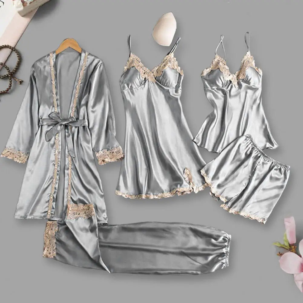 Women's Summer Sexy Pajama Pants Set 5 Pieces Nightgown Nightdress Top Shorts Pants Set Lace Satin Silk Sleepwear Robe Sleepwear