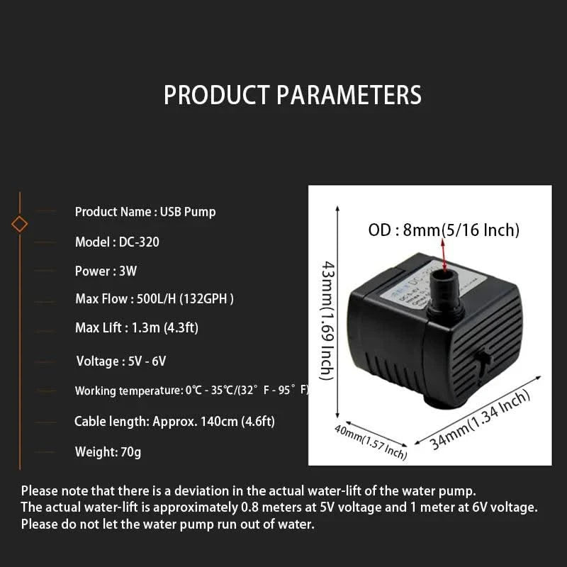 USB Pet Water Dispenser Water Pump Small 3W Landscaping Circulating Submersible Fish Tank Garden 1Pc 5V 6V