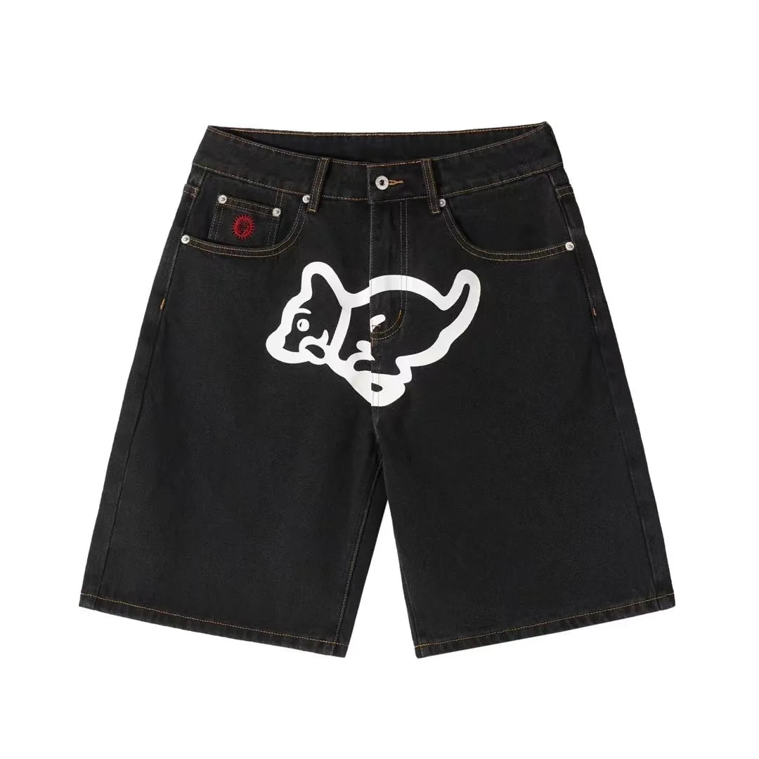 2022 New Summer Denim Shorts For Men Icecream Running Dog Trendy Brand Half Cut Emboridery Logo Unique Punk Mid Waist Jeans