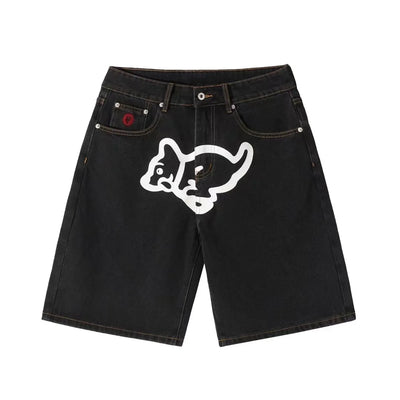 2022 New Summer Denim Shorts For Men Icecream Running Dog Trendy Brand Half Cut Emboridery Logo Unique Punk Mid Waist Jeans