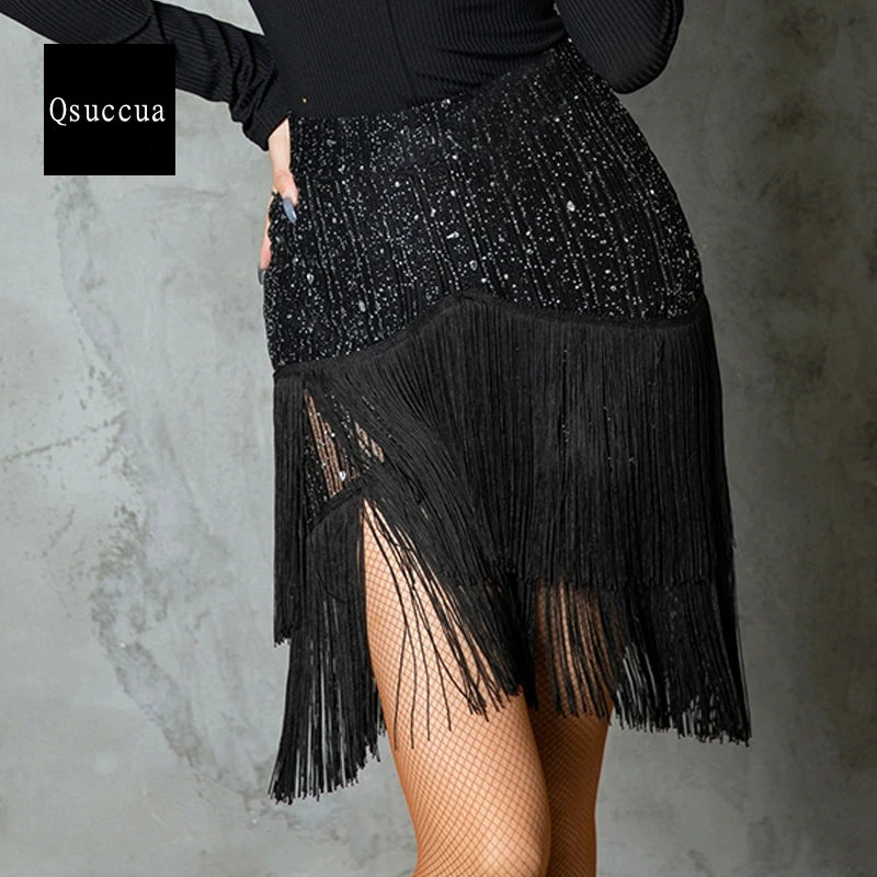 Womens Latin Dance Dress Women Adult Latin Dance Practice Dress Tap Dance Show Black Tassel Dress