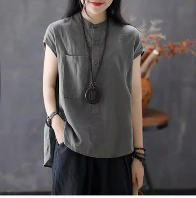 Artistic Style Cotton Linen Short Sleeves Shirt for Women Summer Solid Loose Stand Collar Temperament Top Fashion Women Clothing