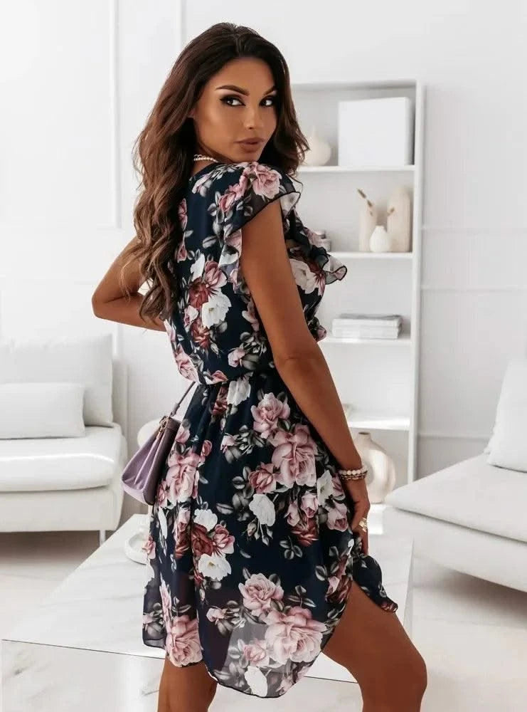 Summer Floral Print Dress For Women New Sleeveless Round Neck Dress Ruffled Short Sleeve Chiffon Print Short Dress For Women