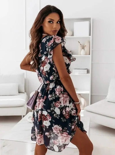 Summer Floral Print Dress For Women New Sleeveless Round Neck Dress Ruffled Short Sleeve Chiffon Print Short Dress For Women
