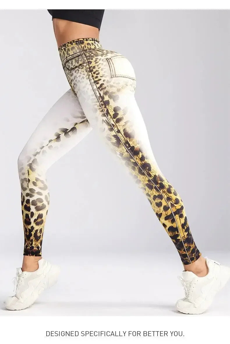 Leopard Print Yoga Pants Seamless Bleaching Print High Waist Peach Buttock Fitness Sports Trousers Breathable