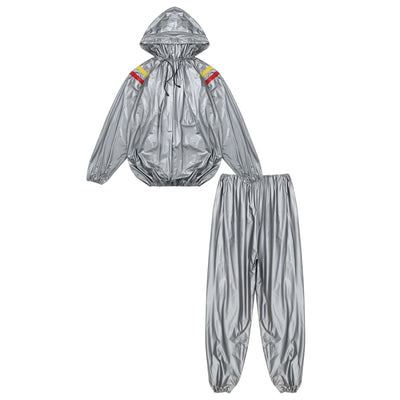 Mens Sauna Sweat Outfit Long Sleeve Hooded Jacket Outerwear and Elastic Waist Long Pants PVC Sweating Suit for Gym Workout