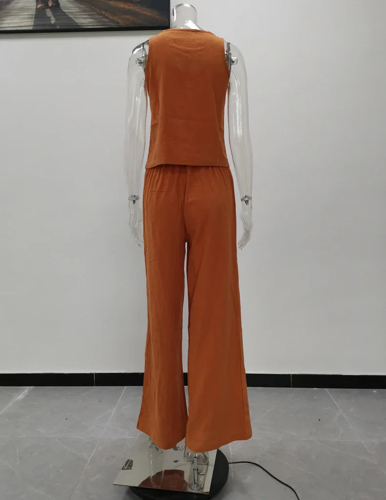 Women's New Cotton Linen Suit Summer Casual Sleeveless Round Neck Top Trousers Wide Leg Pants Two-piece Set For Women