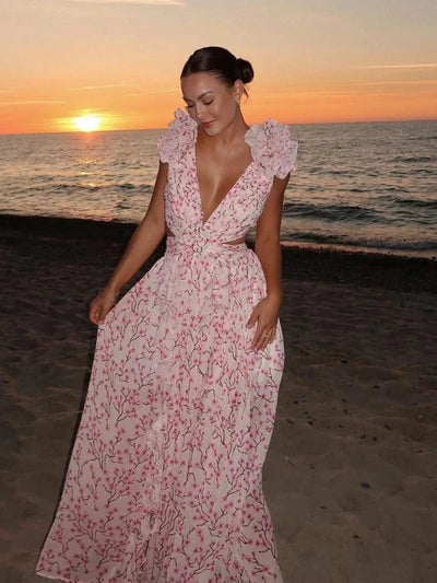 Summer Sleeveless Floral Dress for Women Deep V Neck Flower Print Backless Ruffles Long Dresses Beach Holiday Party Sundress