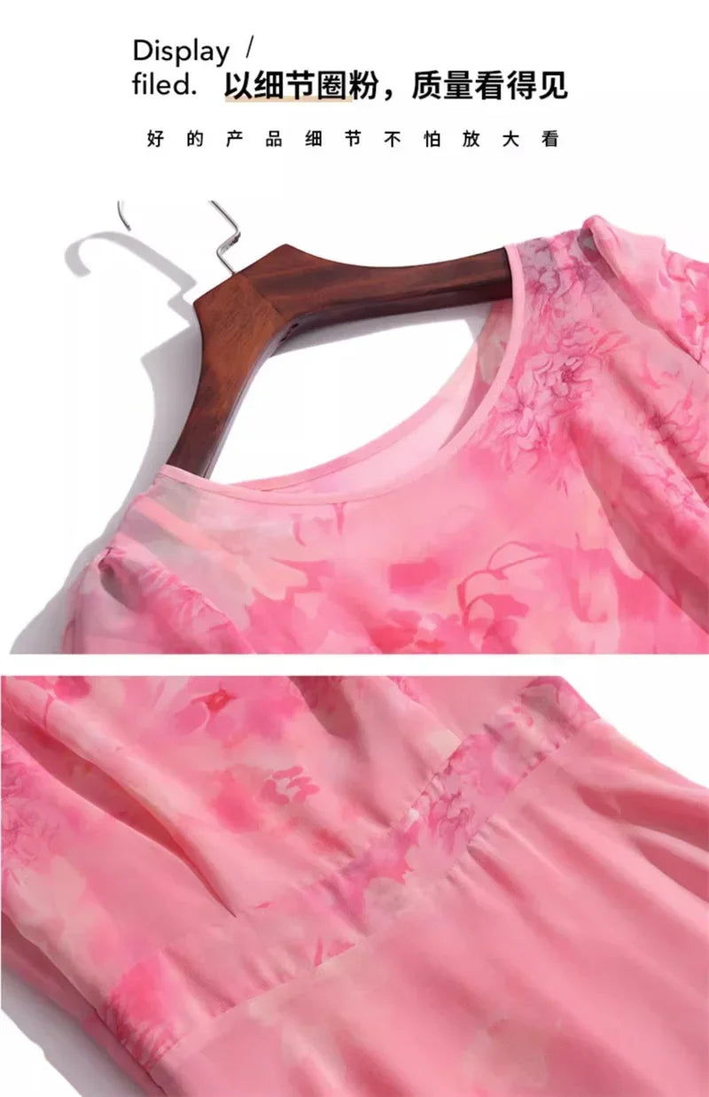 Women's Summer Dress 2025 New Fashion Printed Pink Chiffon Dress O-neck Short Sleeved Long Party Dresses Elegant Women Vestidos