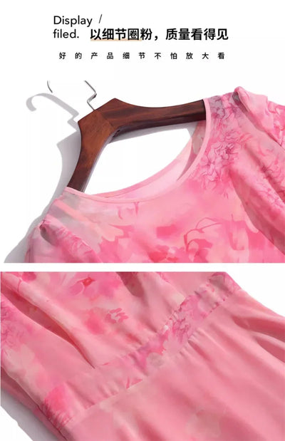 Women's Summer Dress 2025 New Fashion Printed Pink Chiffon Dress O-neck Short Sleeved Long Party Dresses Elegant Women Vestidos