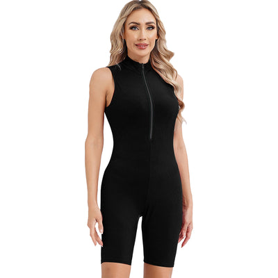 Womens Athletic Tank Bodysuit Sleeveless Front Half Zip Shorts Jumpsuit Leotard Gym Yoga Workout Cycling Sportswear Swimsuit
